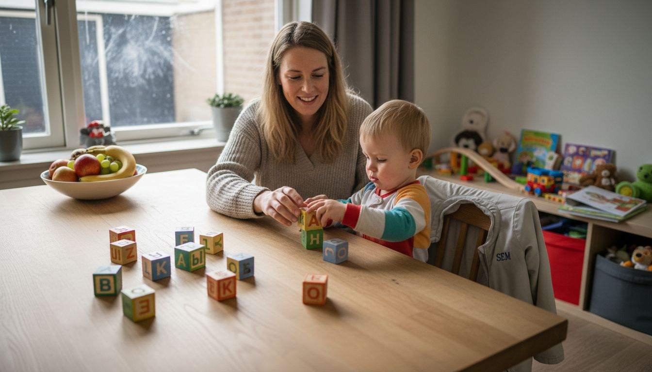 Samen met je kind spelenderwijs leren: thuis aan de keukentafel begeleidt een ouder het educatieve spel.