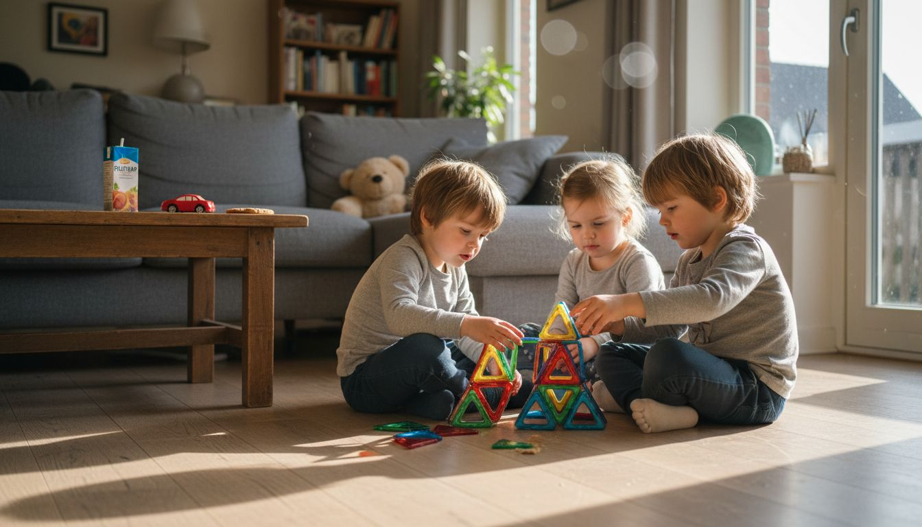 Op de woonkamer vloer zijn kinderen druk in de weer met magnetische bouwstenen, terwijl ze samen de mooiste creaties maken.