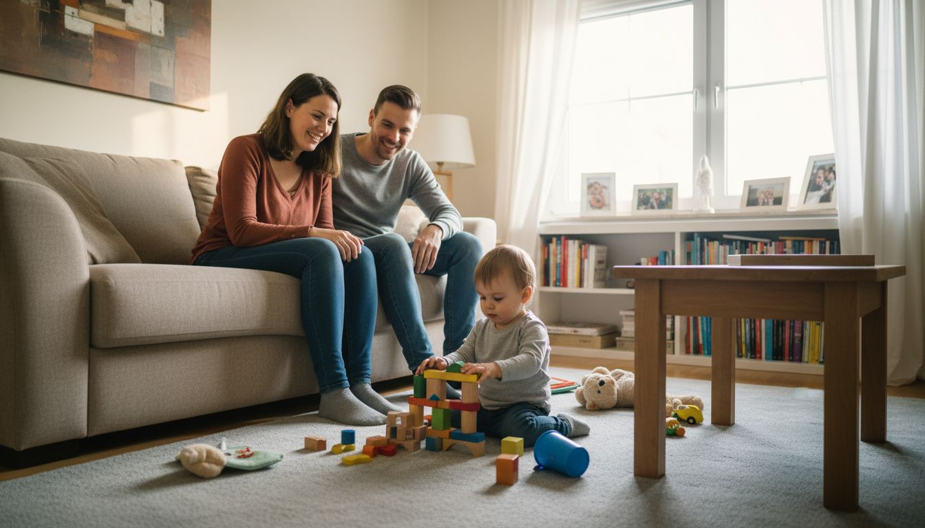 Terwijl hun kind op zoek gaat naar een leuk speeltje, kijken de ouders nieuwsgierig toe.