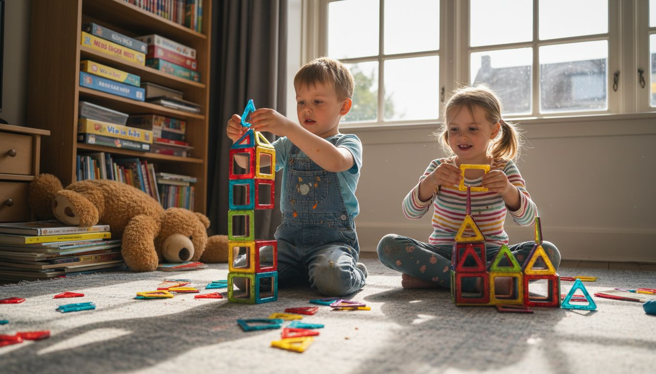 Kinderen zitten gezellig op een kleed en bouwen samen allerlei creaties met magnetische bouwstenen.