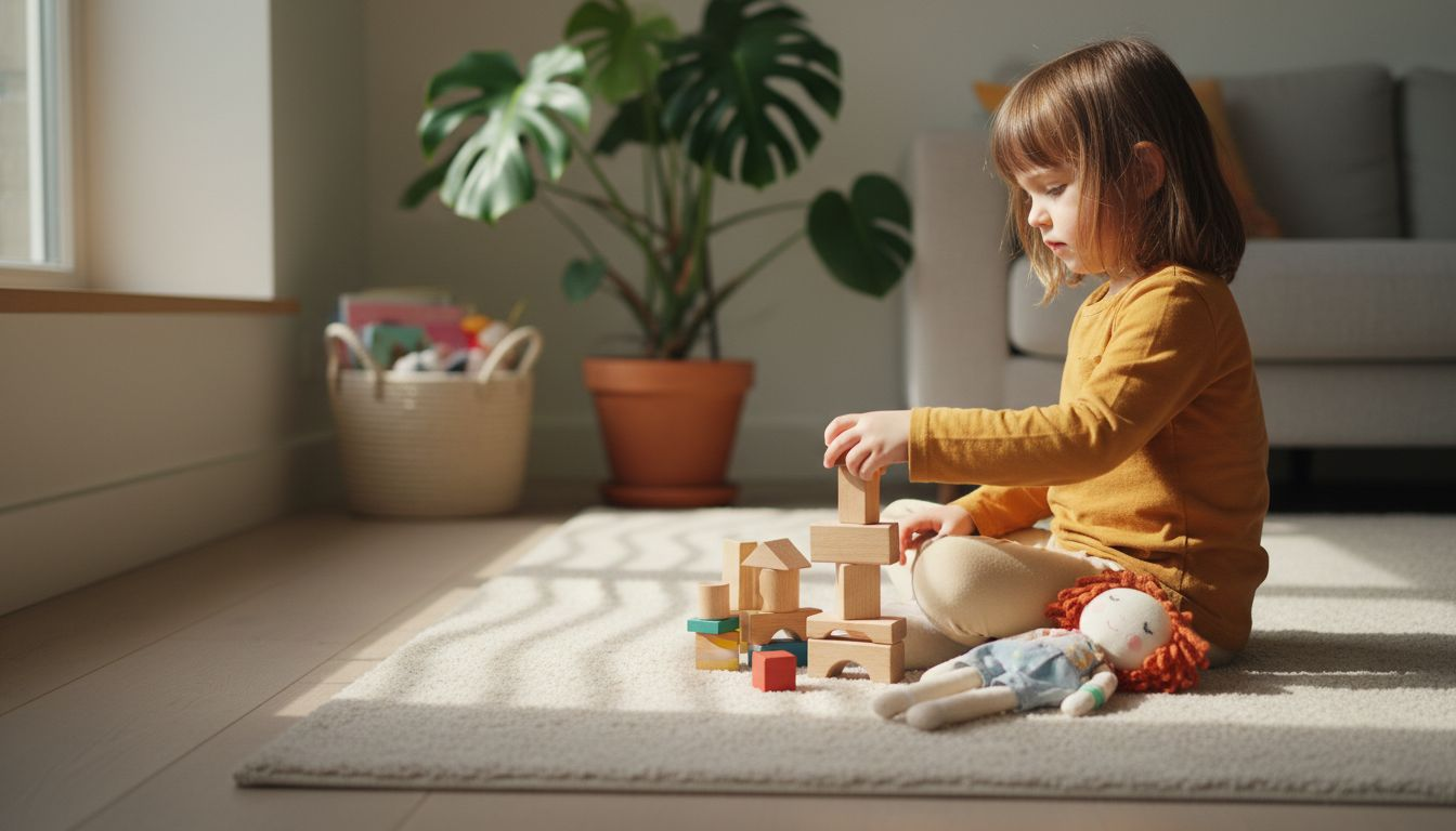 Een meisje vermaakt zich met houten speelgoed dat op een milieuvriendelijke manier is gemaakt.