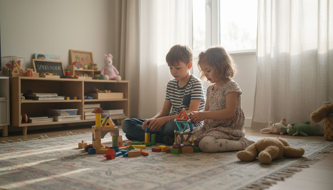 In de woonkamer zijn kinderen druk in de weer met educatief speelgoed, terwijl ze samen allerlei bouwwerken maken.