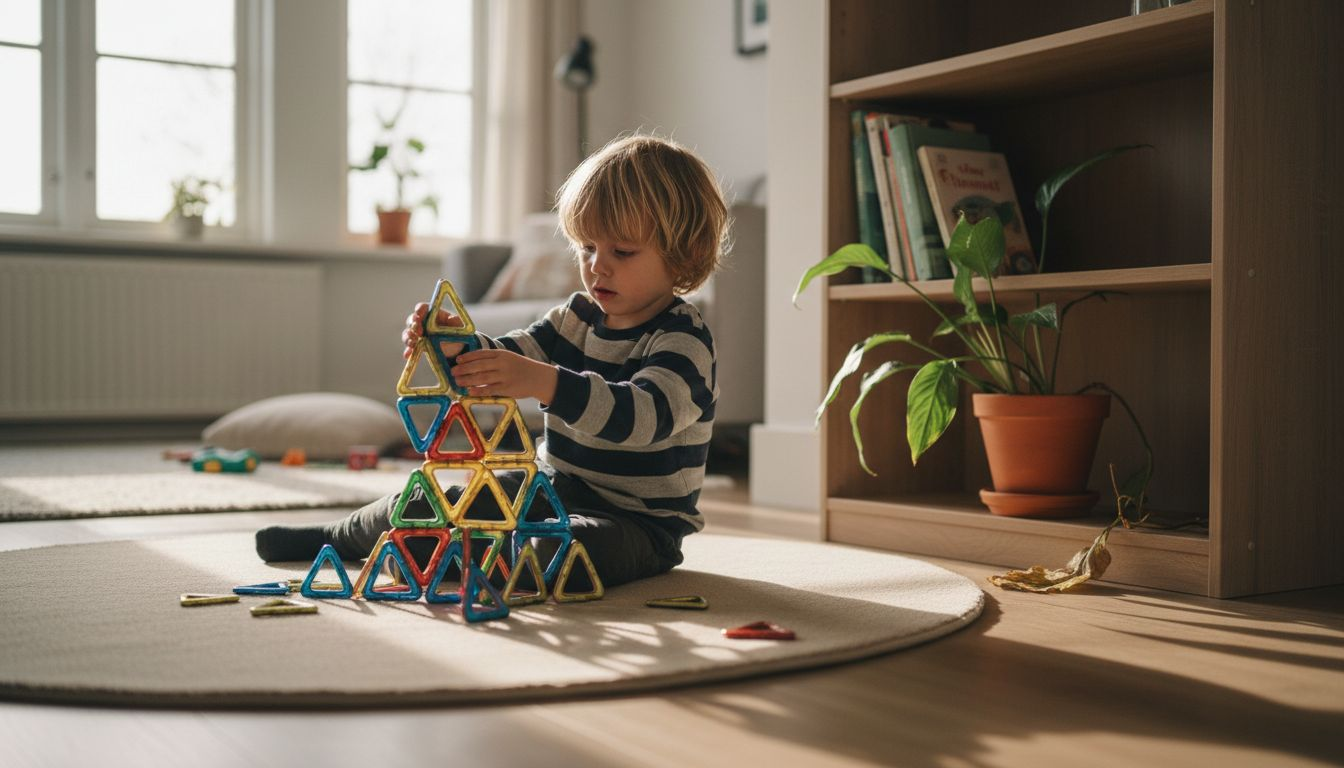 Een jongetje is lekker aan het bouwen met magnetisch speelgoed.