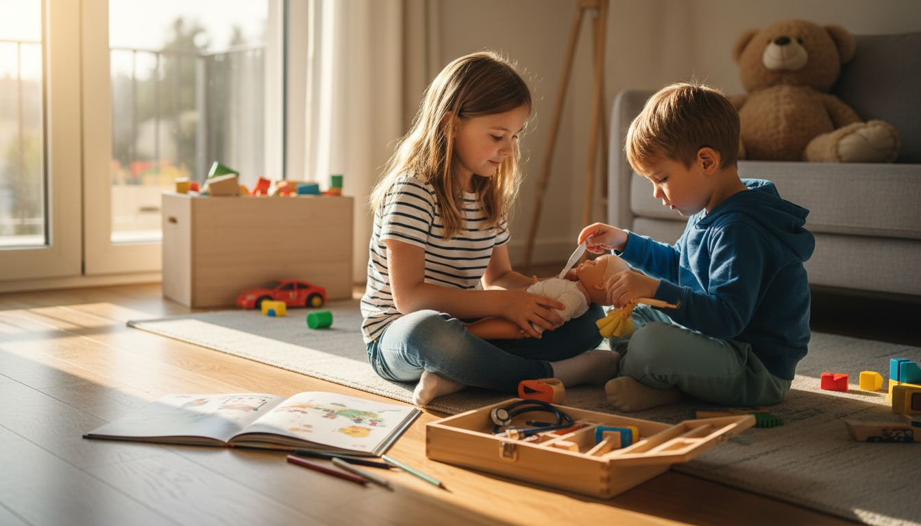 Kinderen doen alsof ze dokter zijn en behandelen elkaar met speelgoedspullen.