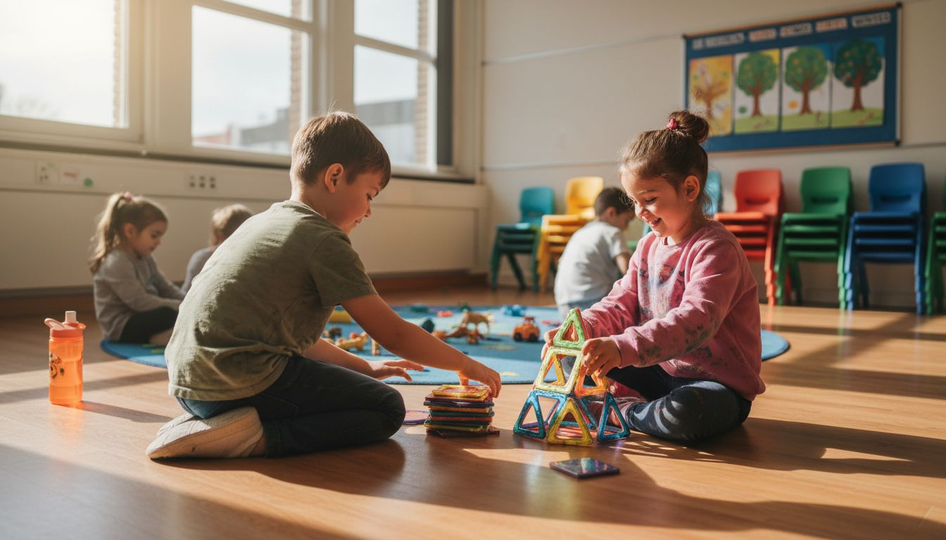Op school vermaken kinderen zich volop met magnetisch speelgoed; ze ontdekken samen hoe de magneetjes werken en bouwen de mooiste constructies.