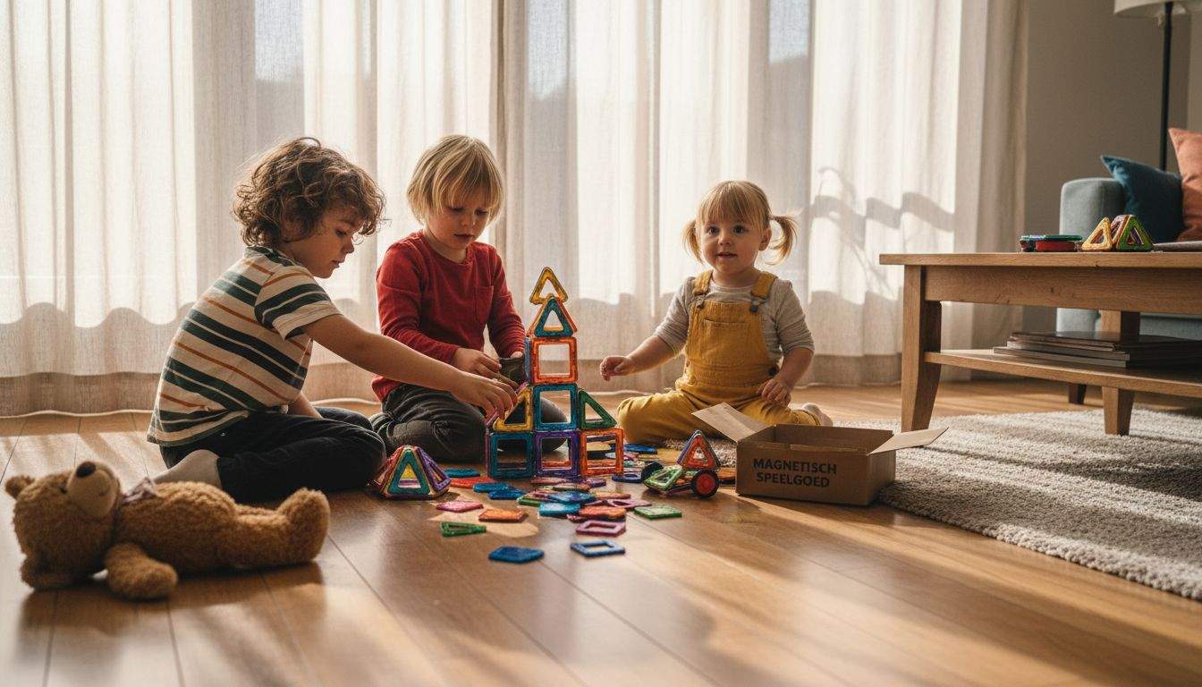 Op de woonkamer vloer zijn kinderen druk bezig kleurrijke magnetische bouwsteentjes aan elkaar te klikken en de mooiste creaties te maken.