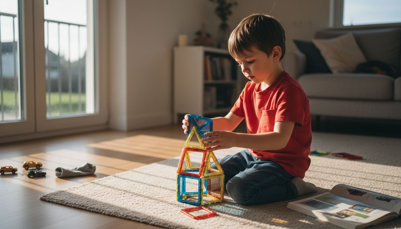Een kind is lekker bezig met magnetisch speelgoed op het tapijt.