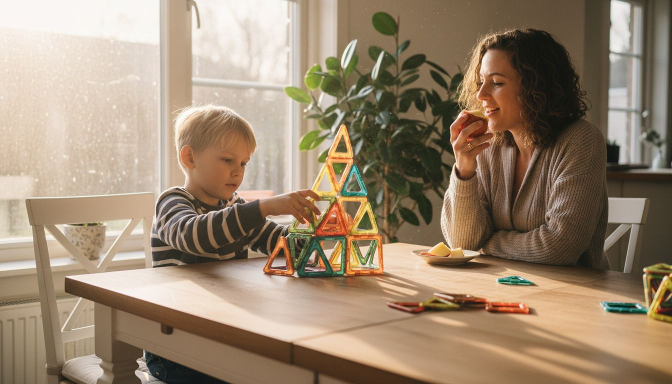 Samen met zijn moeder bouwt een kind een creatief bouwwerk van magnetisch speelgoed.
