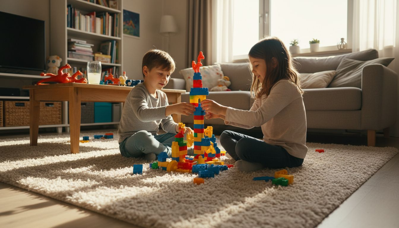 Op de vloer zijn kinderen samen druk bezig met het bouwen van constructiespeelgoed.