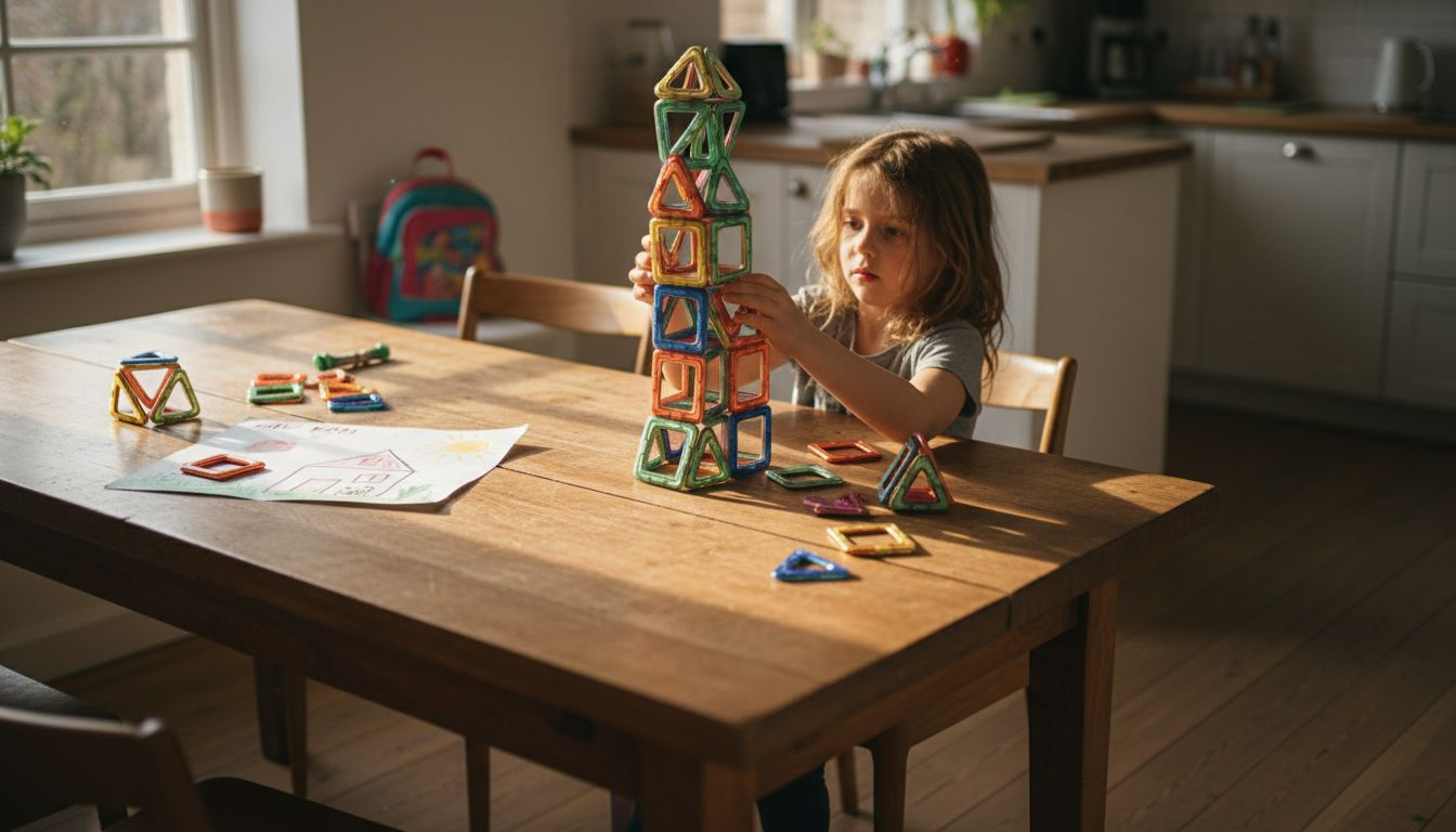 Een kind speelt en bouwt fantasierijke constructies met magnetische blokken.