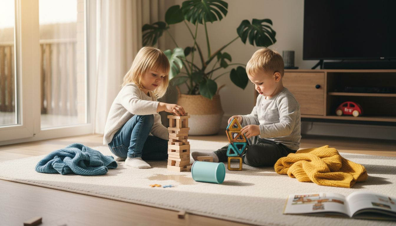 In de woonkamer zijn de kinderen druk in de weer met het stapelen van blokken en bouwen ze samen de mooiste bouwwerken.