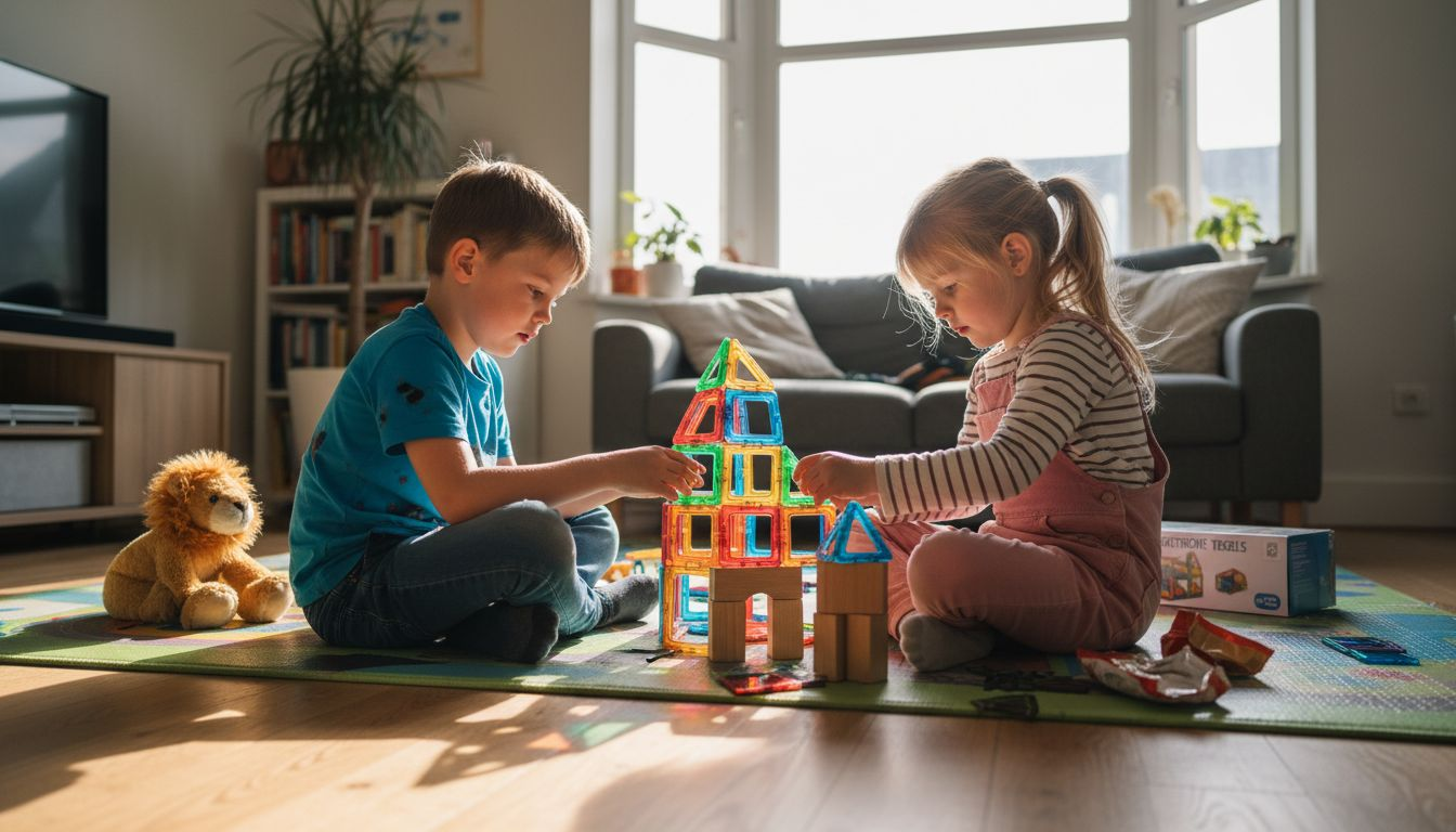 Kinderen bouwen samen een kasteel van magneettegels.