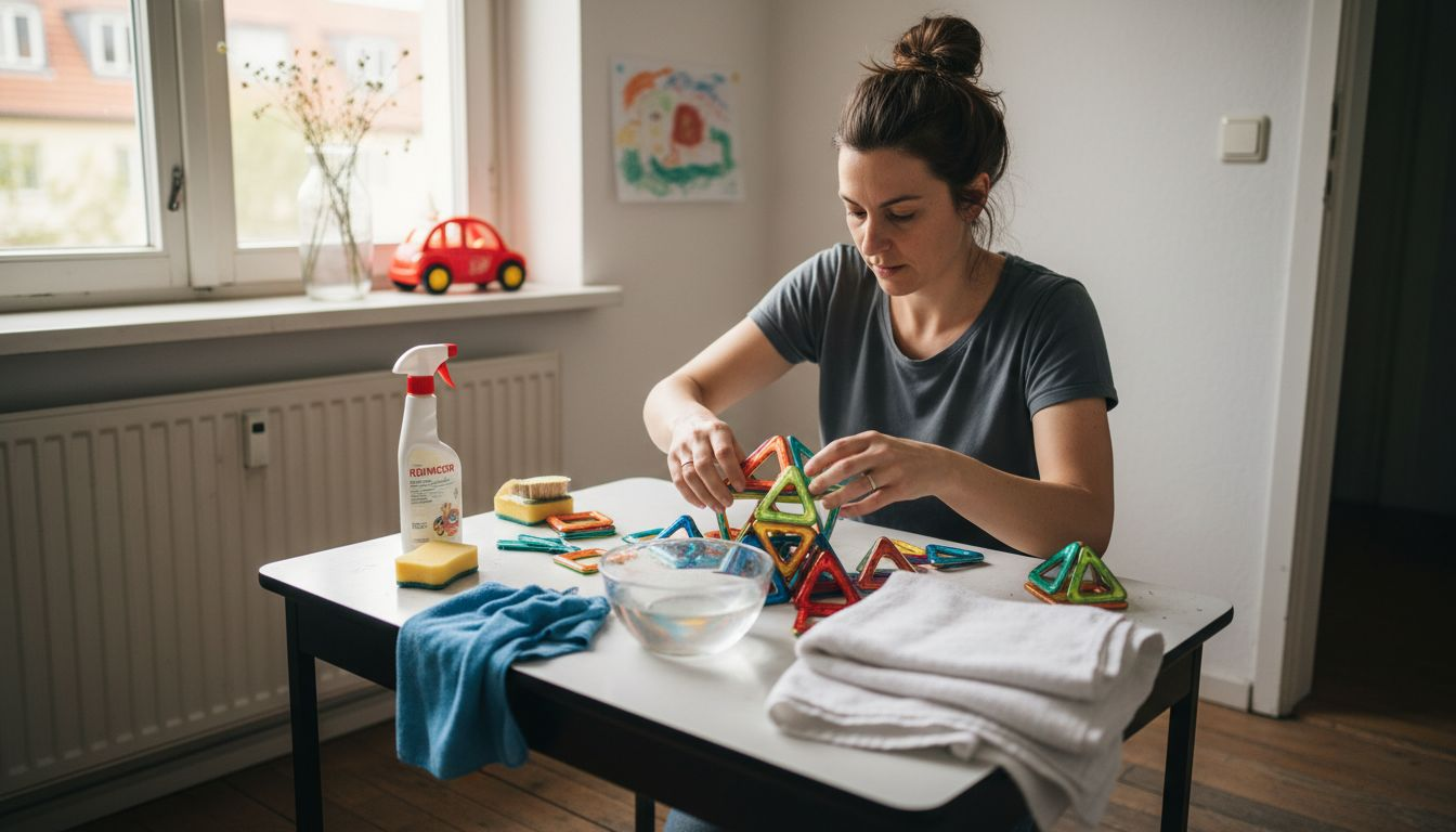 Moeder legt schoonmaakmiddelen klaar om het speelgoed schoon te maken.