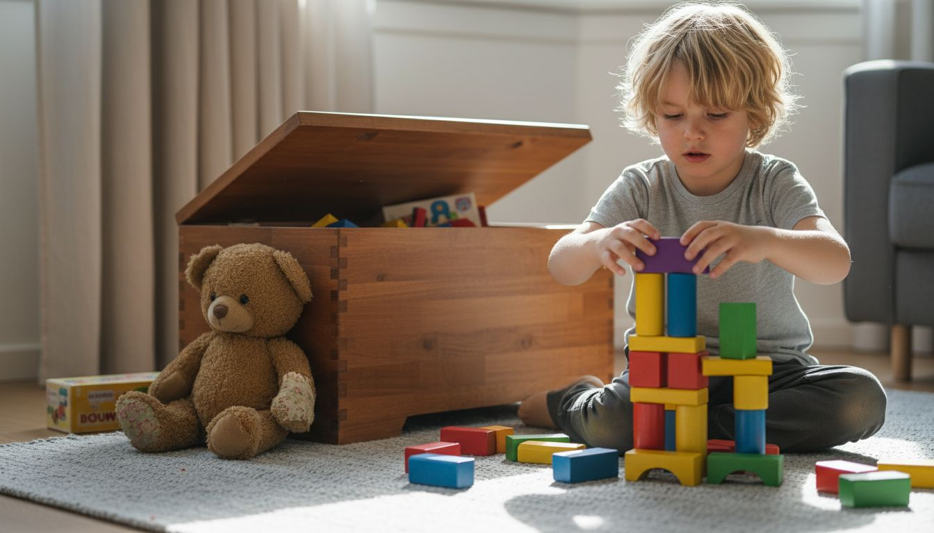 Een kind geniet zorgeloos van het spelen met kleurrijke blokken.