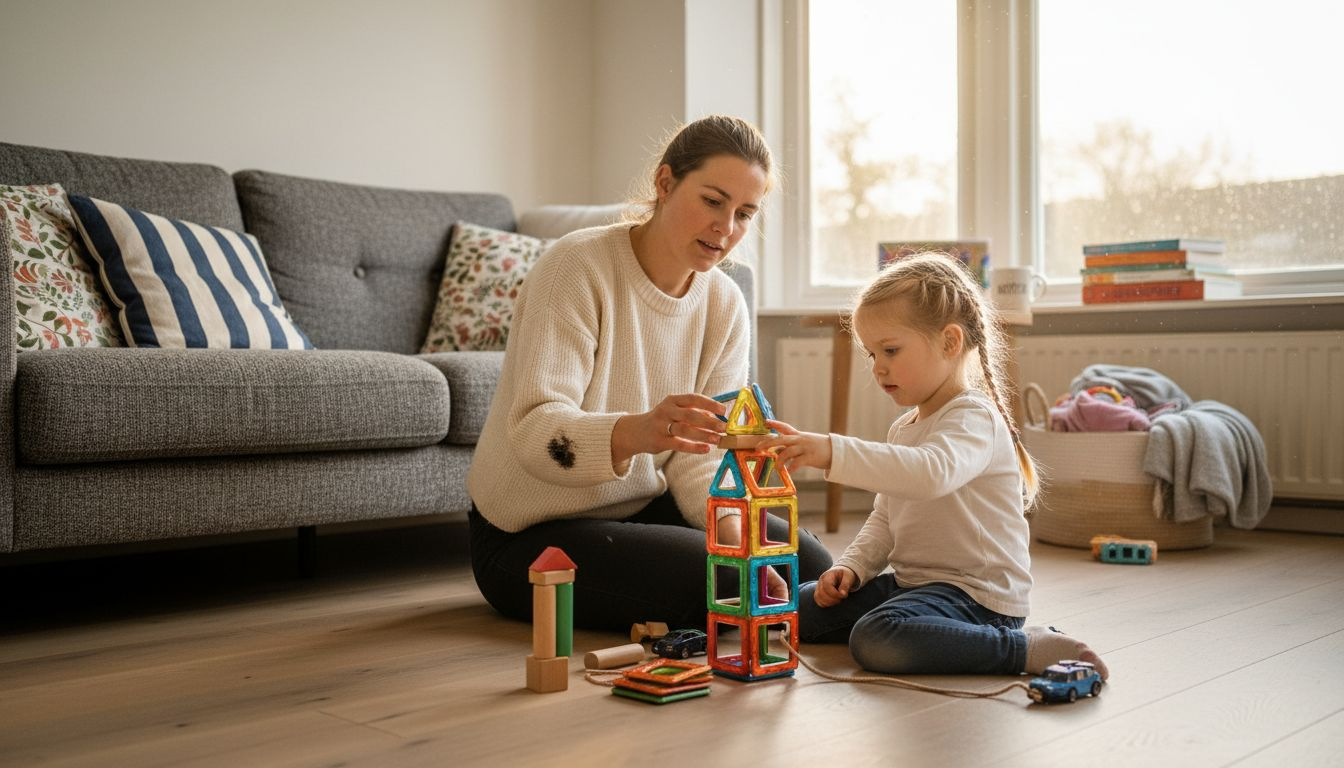 Samen bouwen moeder en kind aan een creatief bouwwerk met duurzaam speelgoed.
