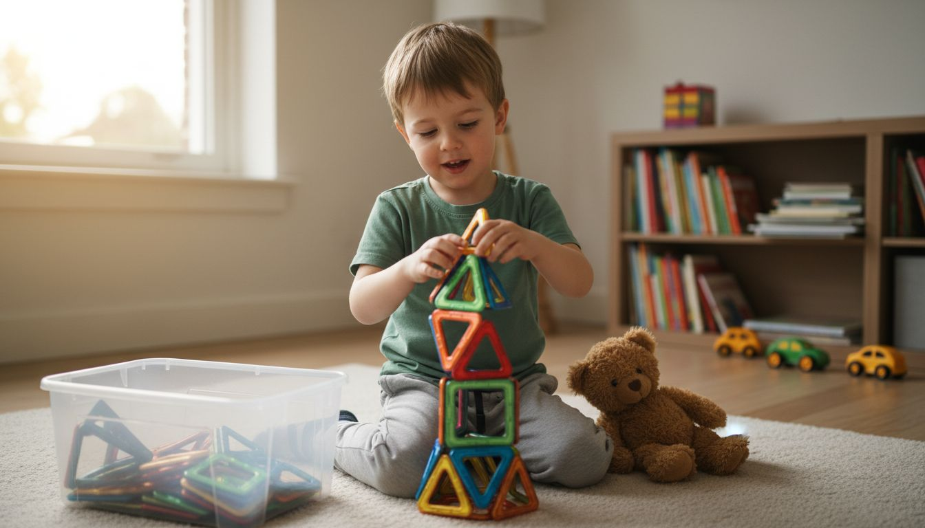 Peuter stapelt een toren van magnetische blokken