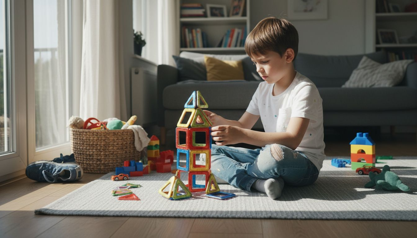Een jongetje speelt en bouwt vrolijk met felgekleurde bouwsteentjes.