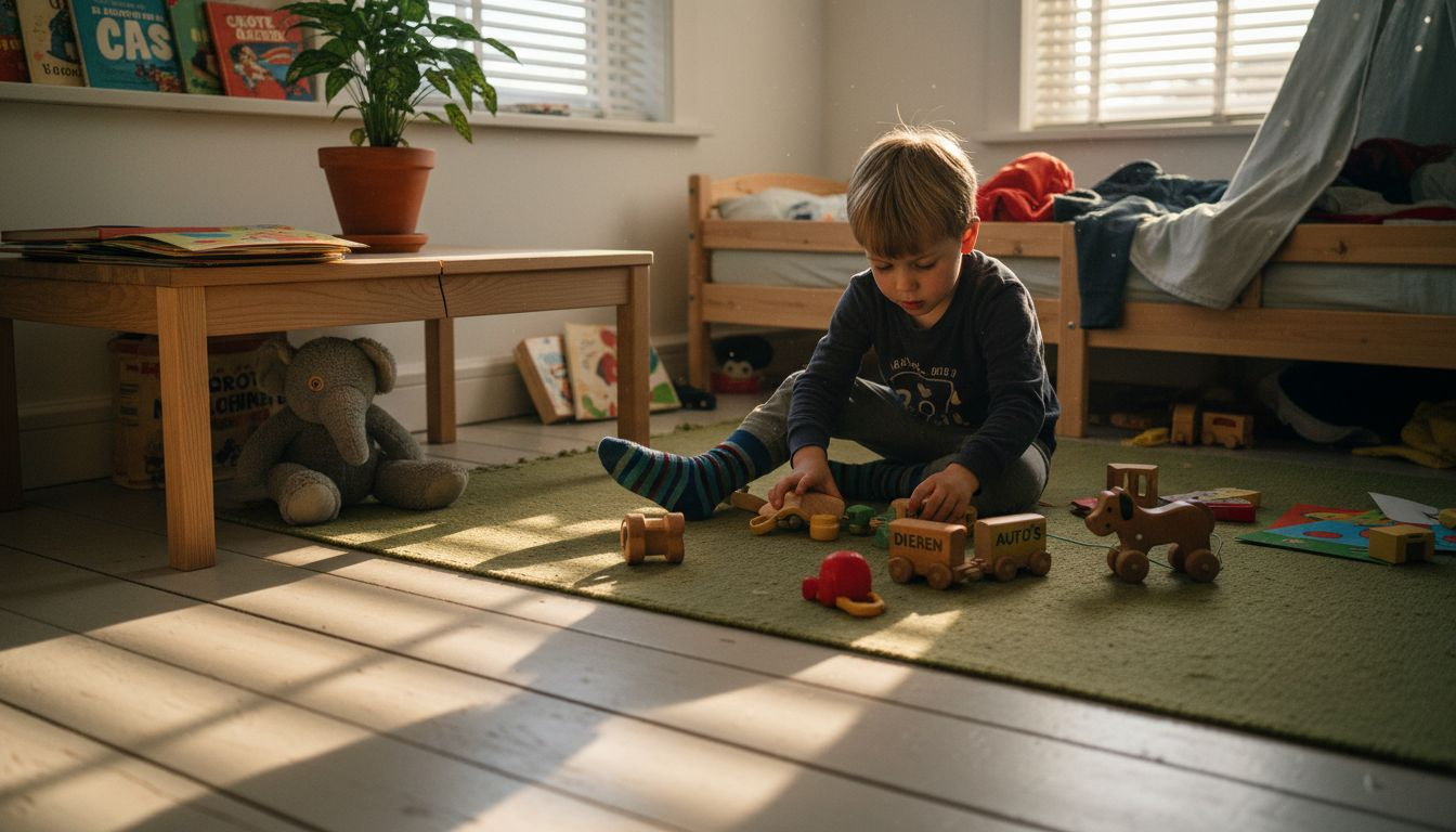 Een kind vermaakt zich met duurzaam houten speelgoed.