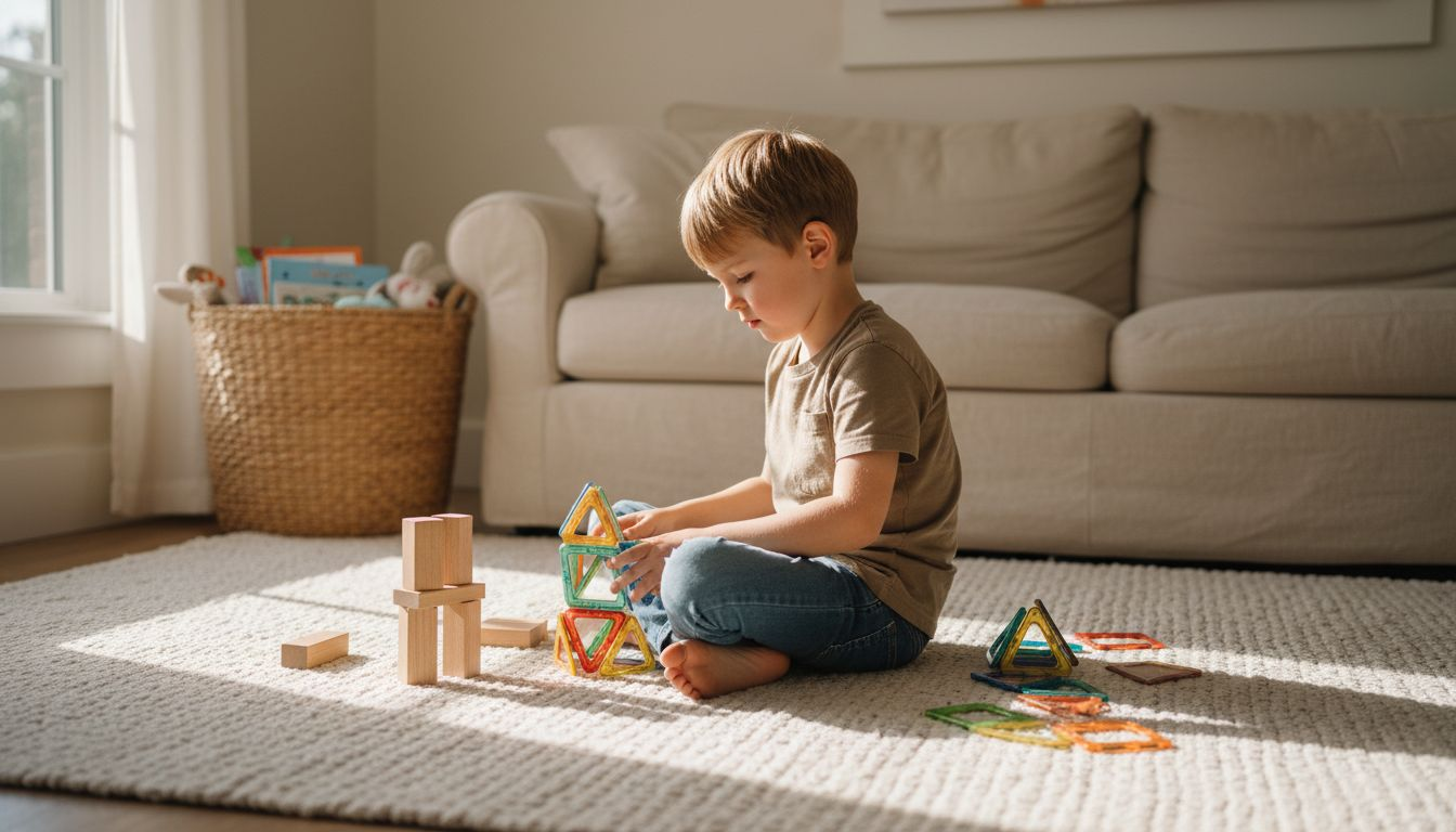 Een kind is lekker aan het spelen met bouwblokjes en magneetjes.