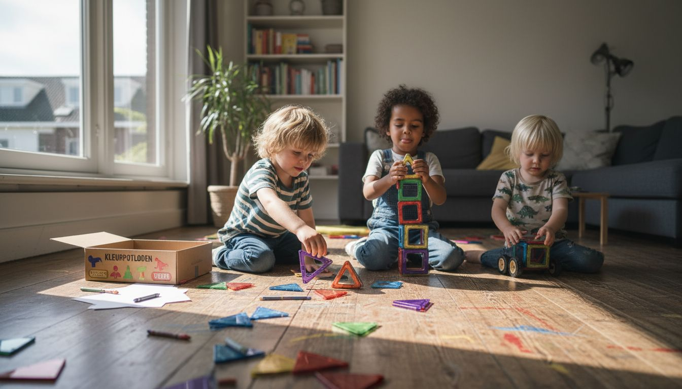 Kinderen die vol enthousiasme bouwwerken maken met magnetische bouwstenen en tegels.