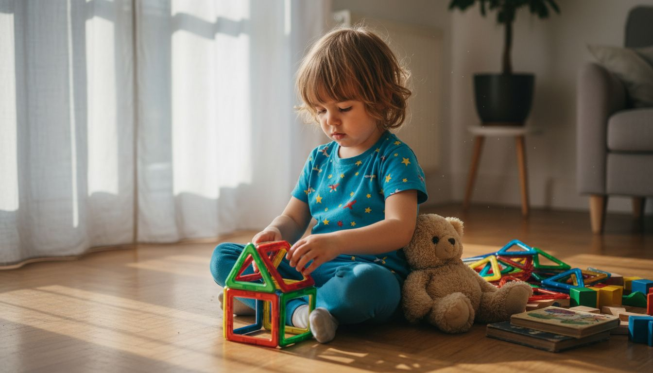 Een kleuter vermaakt zich thuis met magnetisch speelgoed.
