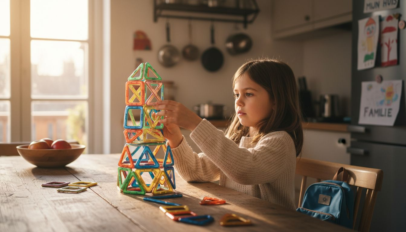Een kind speelt en bouwt vrolijk met magnetische blokken.