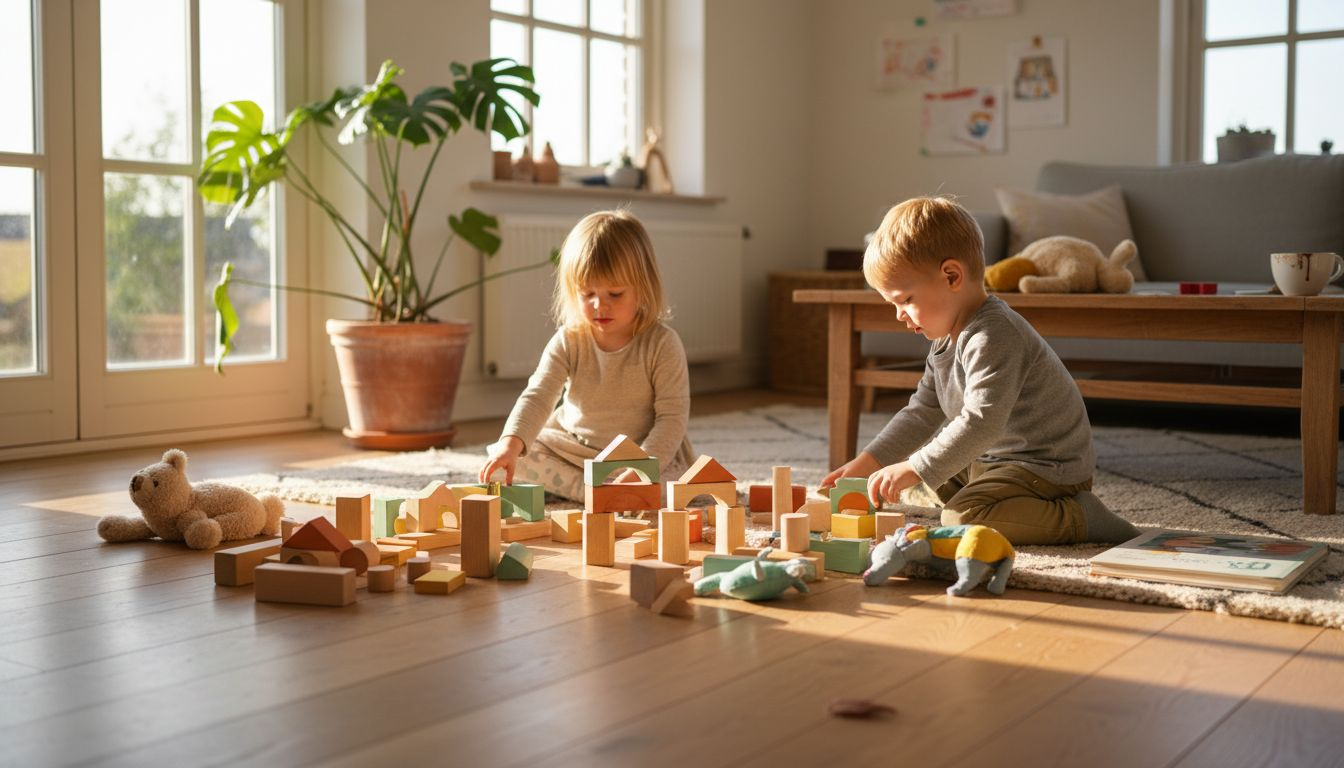 In de woonkamer vermaken de kinderen zich met speelgoed dat zowel leuk als milieuvriendelijk is.