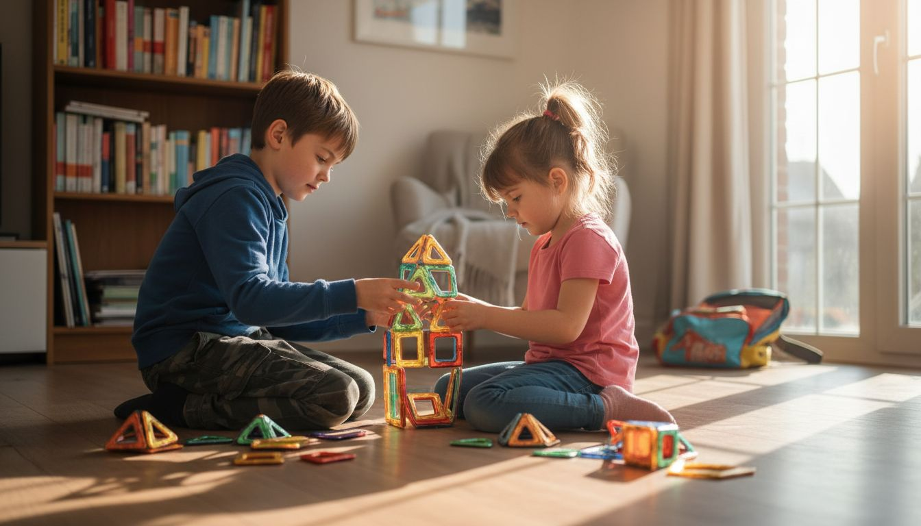 Op de vloer zijn kinderen druk bezig met het bouwen van creatieve constructies van magnetische blokken.