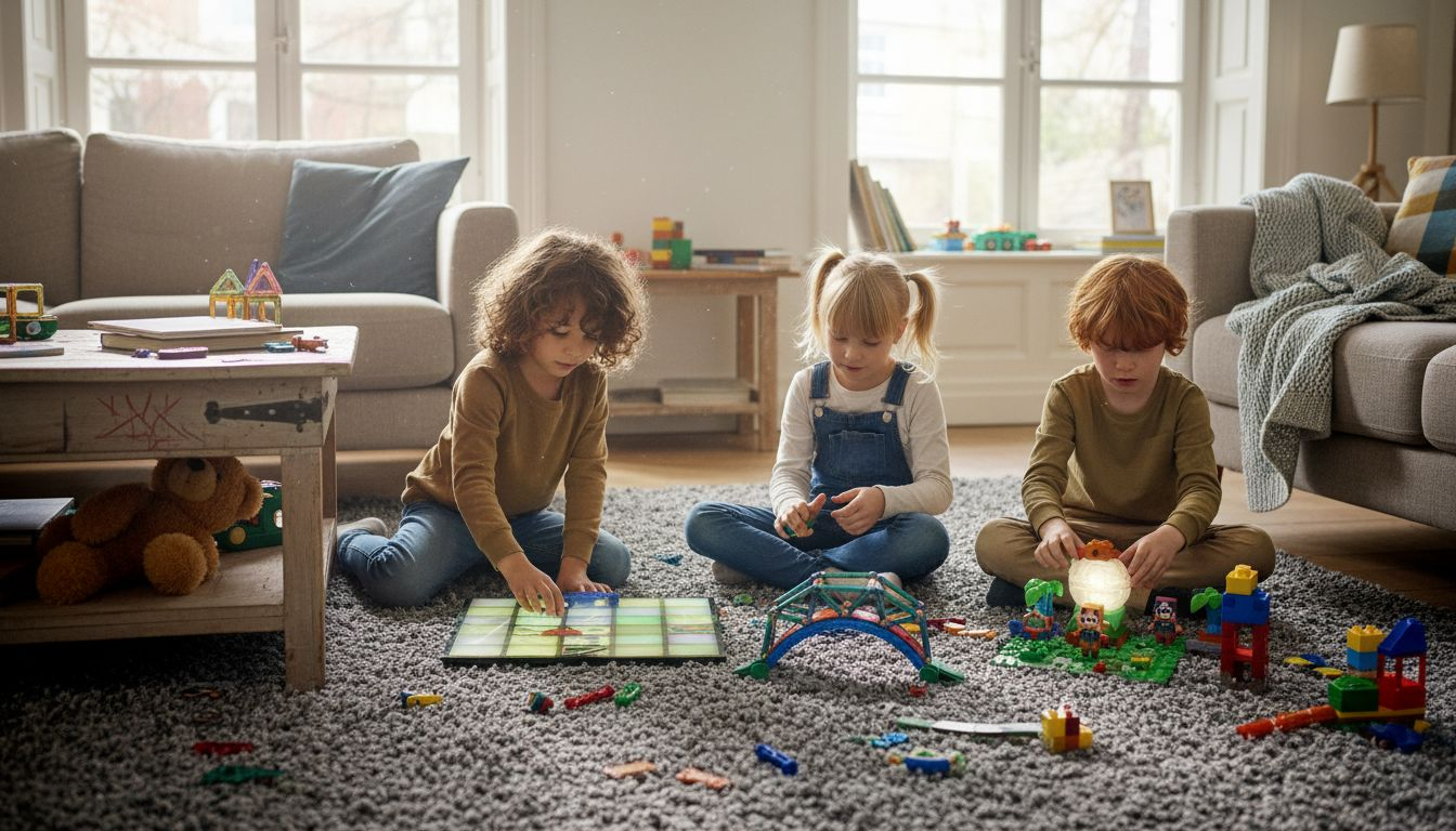 Kinderen die volop aan het bouwen zijn met magnetisch speelgoed en hun fantasie de vrije loop laten.
