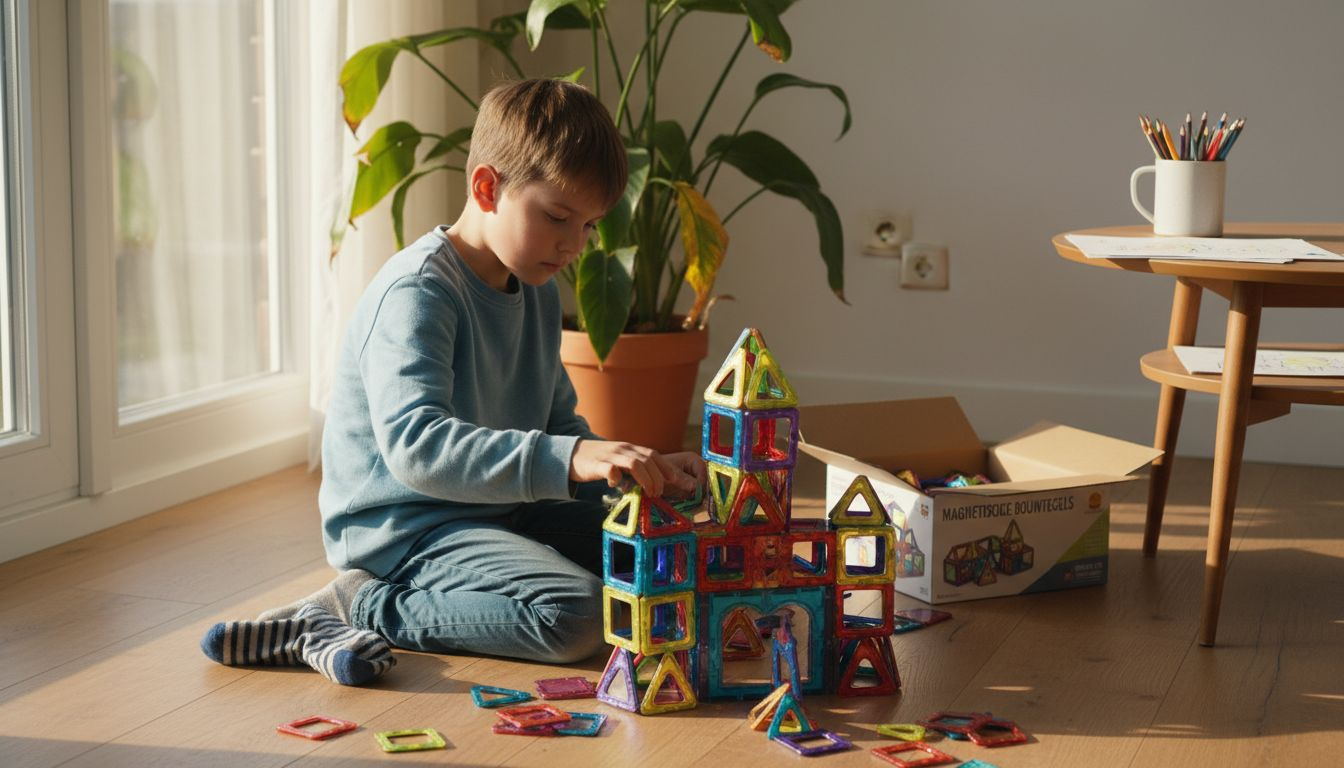 Een kind is lekker aan het spelen met magnetisch speelgoed, bouwt allerlei vormen en laat zijn fantasie de vrije loop.
