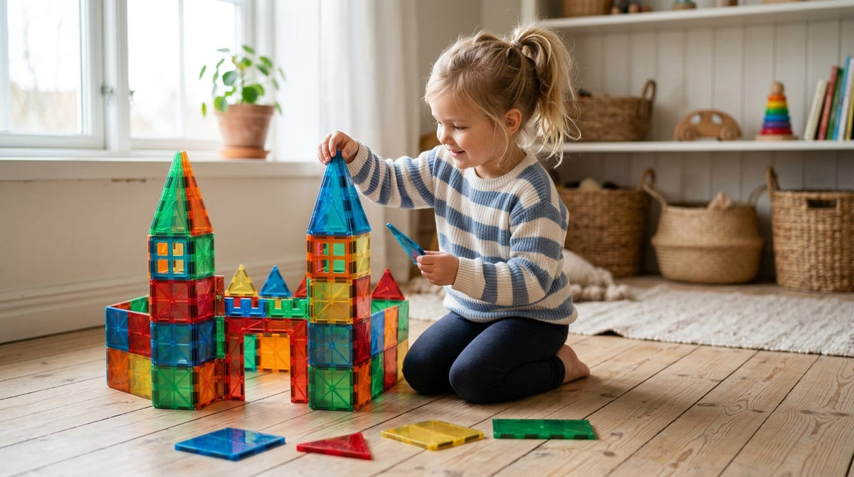 Child building a colorful castle with towers from about 100 magnetic blocks on a bright playroom floor